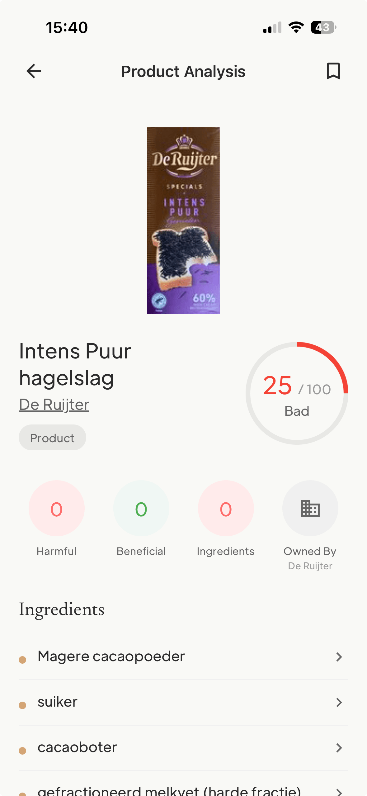 The Nime Scan iPhone app analysing a Dutch hagelslag product, showing its harmfulness score and per-ingredient breakdown of additives, ultra-processed markers, pesticides, and microplastics