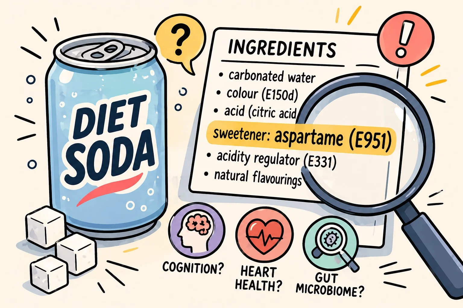 Dosen und Flaschen mit Light-Softdrinks auf einer Küchenarbeitsfläche, stellvertretend für die mit Aspartam gesüßten Produkte, die in den Studien von 2025—2026 untersucht wurden