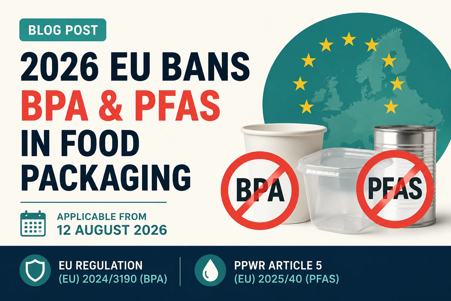 Konservendosen und fettabweisende Fast-Food-Verpackungen vor neutralem Hintergrund, stellvertretend für die in der EU 2026 verbotenen BPA- und PFAS-haltigen Lebensmittelkontaktmaterialien