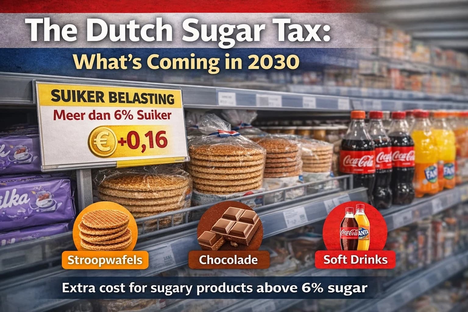 Eine Draufsicht auf zuckerreiche niederländische Fertigprodukte — Kekse, Süßigkeiten und Limonaden — als Illustration der von der ab 2030 geltenden niederländischen Zuckersteuer betroffenen Produkte