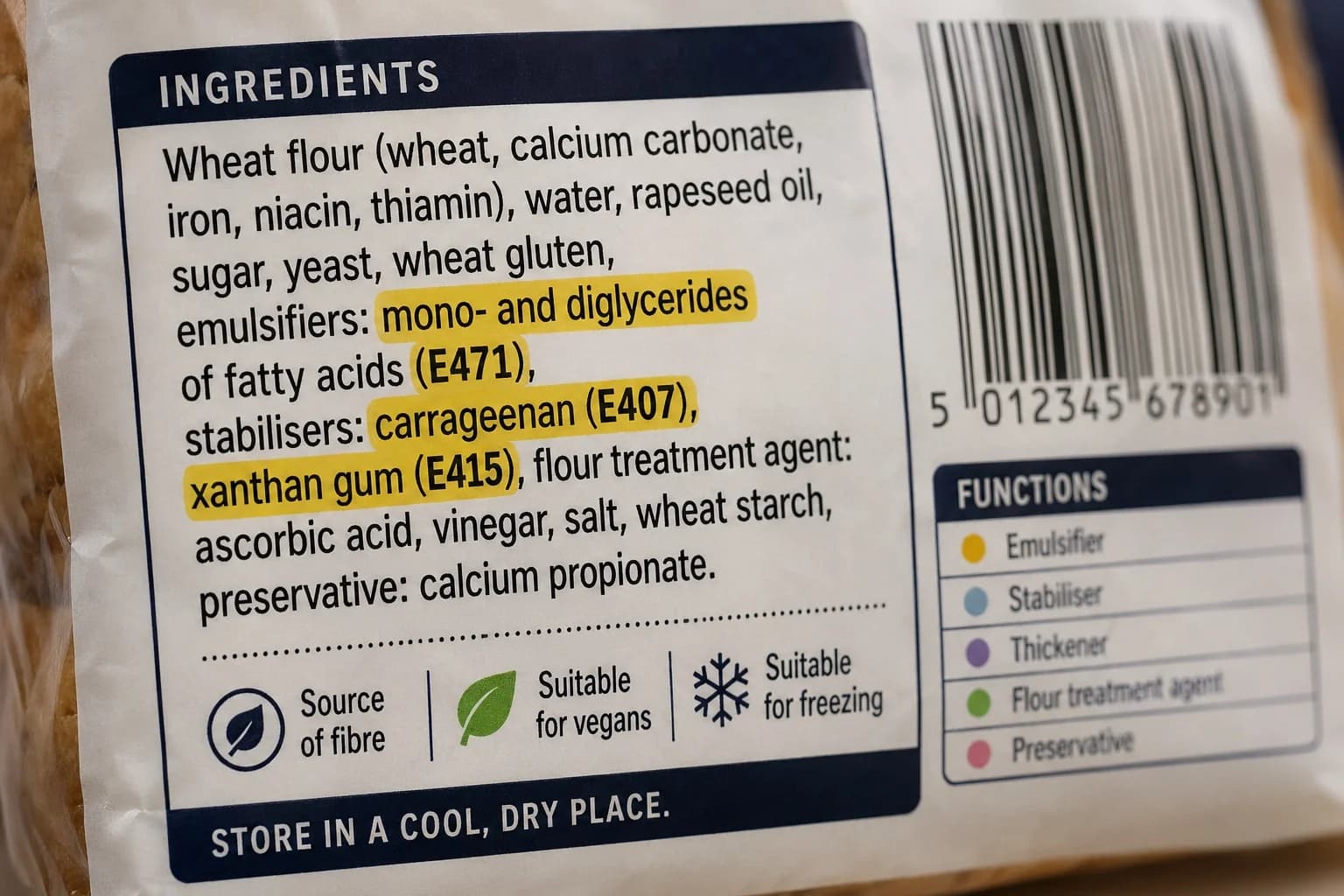 Alltägliche Produkte mit Emulgatoren — Brot, Eis, Pflanzenmilch und Joghurt — in einer redaktionellen Flatlay-Aufnahme auf einer Holzfläche