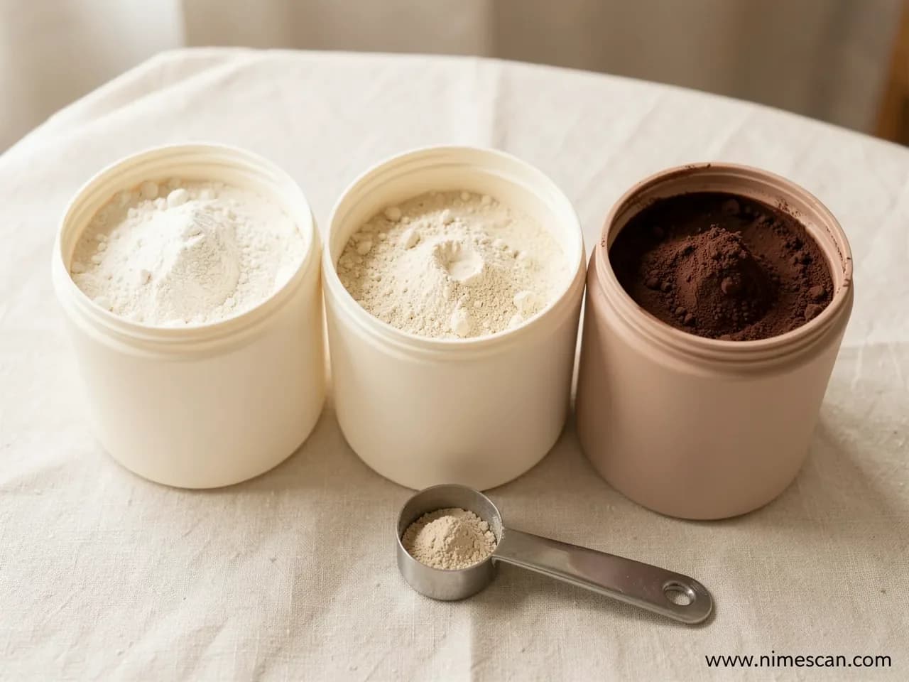 Eine Reihe aus drei geöffneten Proteinpulver-Dosen auf cremefarbenem Leinen — eine Whey, eine pflanzliche, eine Schokolade — mit einem Messlöffel davor, als Illustration der Verschmutzungsmuster, die in den Tests des Clean Label Project 2026 dokumentiert wurden