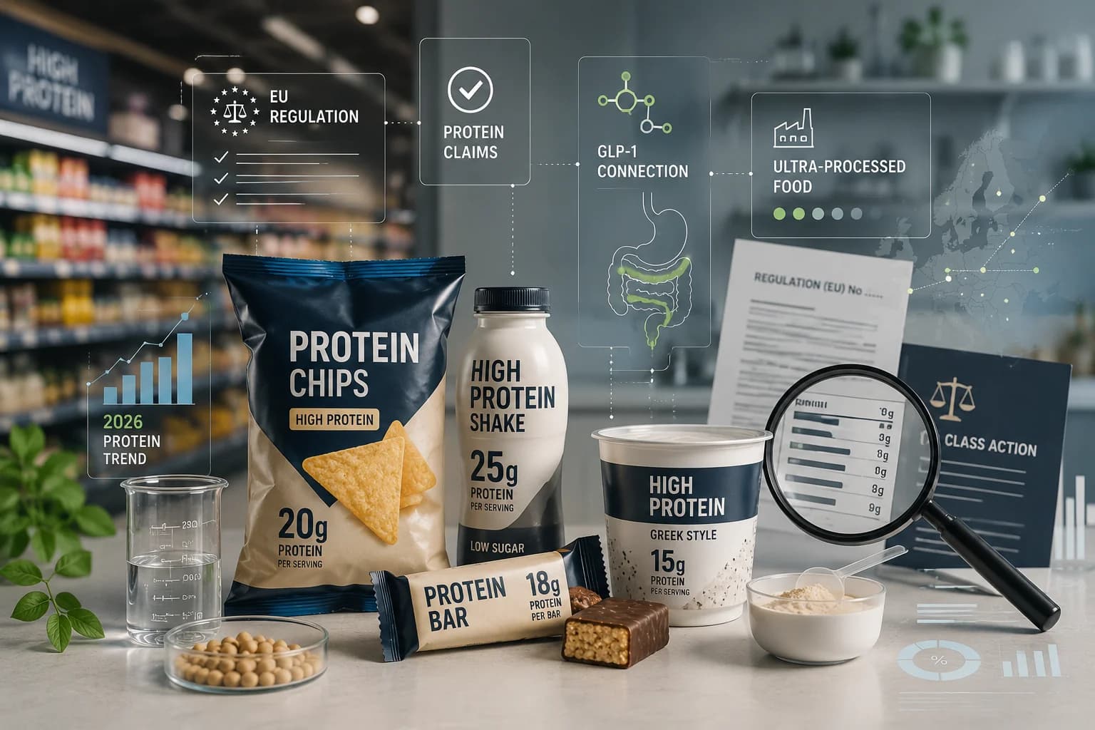 Eine Zusammenstellung proteinreicher Fertigprodukte — Riegel, Chips, Getränke und Cerealien — als Illustration der Sättigung mit 'High Protein'-gelabelten Produkten in Supermarktregalen 2026