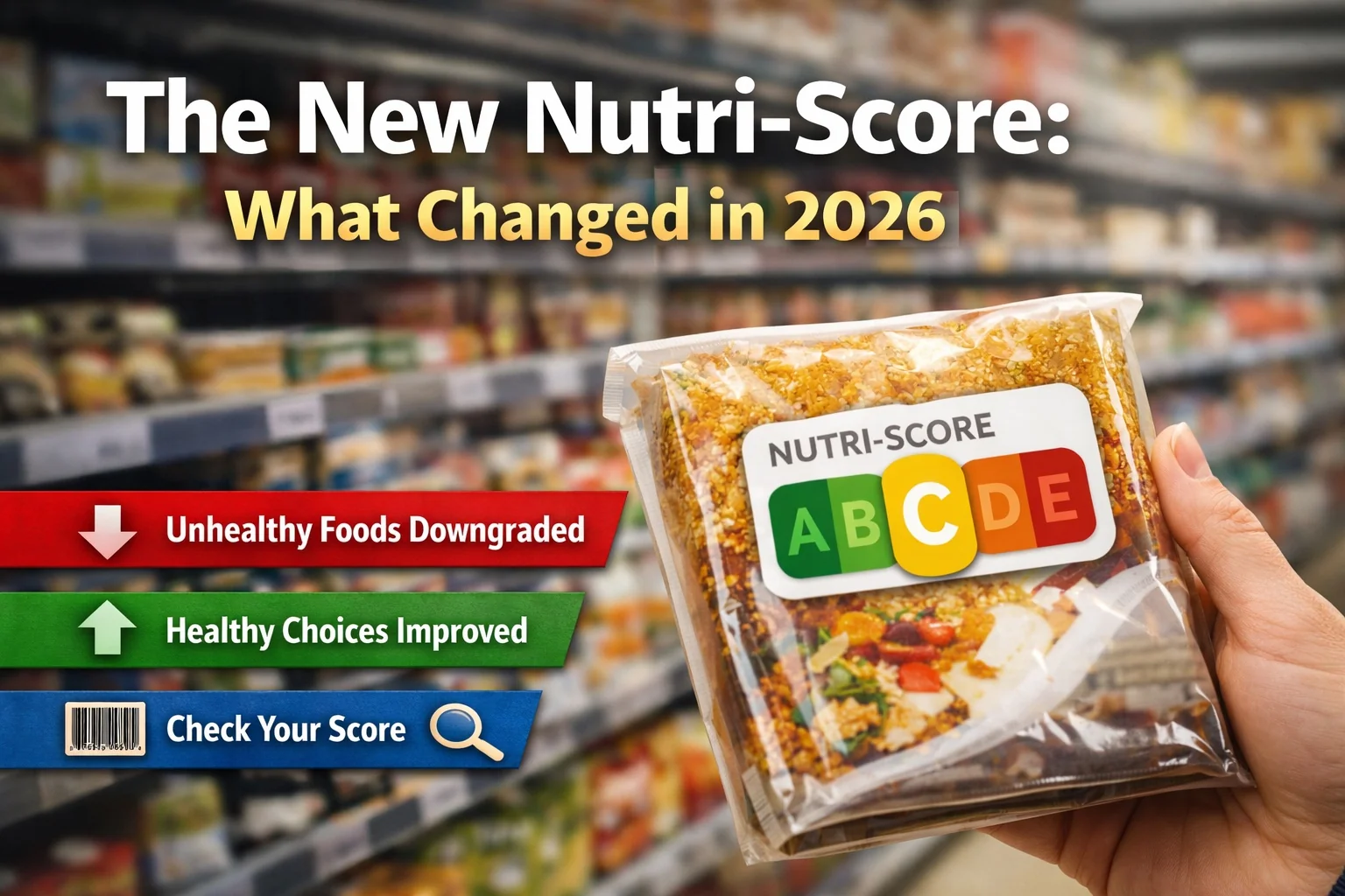 Fertigprodukte mit dem farbcodierten Nutri-Score-Label von A bis E, als Illustration des überarbeiteten 2026-Algorithmus und der Neubewertung alltäglicher Produkte