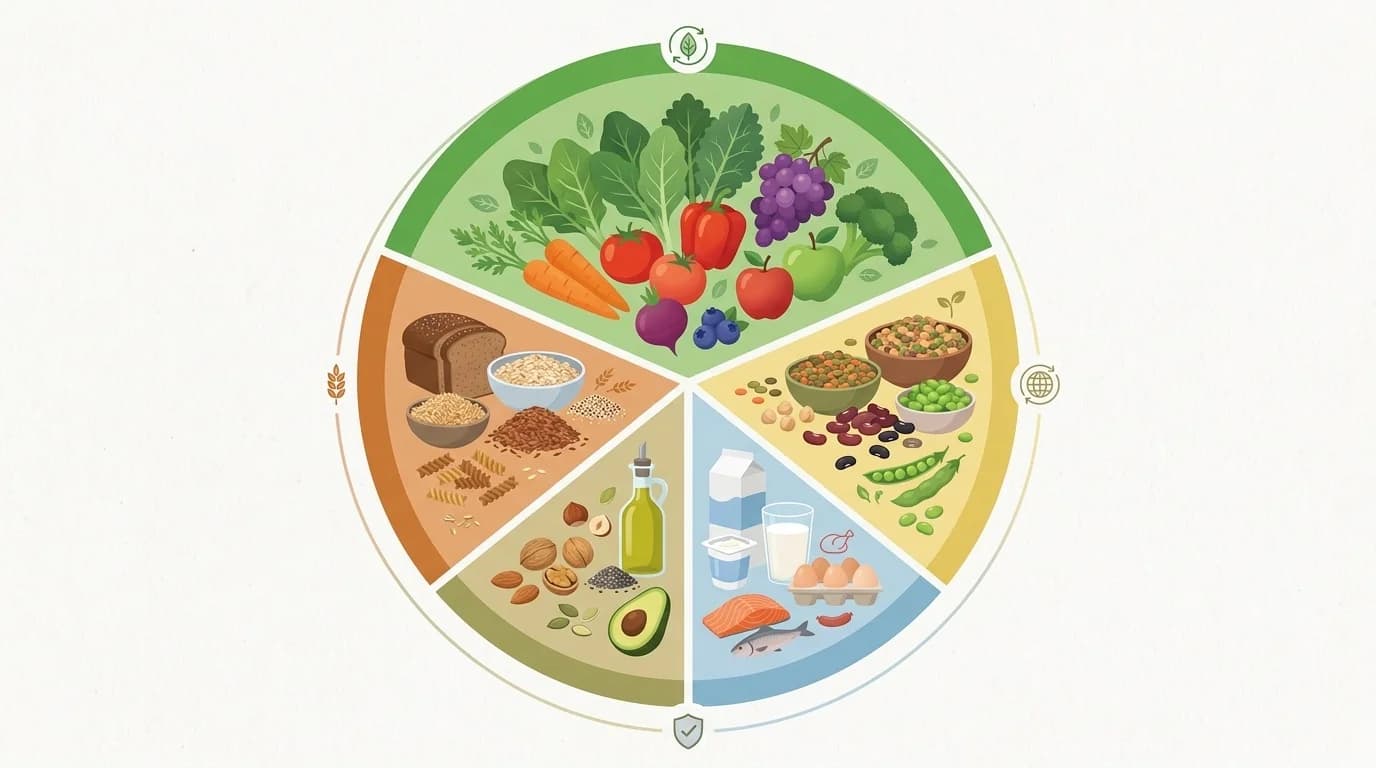 Eine Komposition aus Lebensmitteln des überarbeiteten niederländischen Ernährungskreises 'Schijf van Vijf' 2026 — Hülsenfrüchte, Vollkornprodukte, Gemüse und Milchprodukte — als Illustration der revidierten Ernährungsempfehlungen des Voedingscentrum
