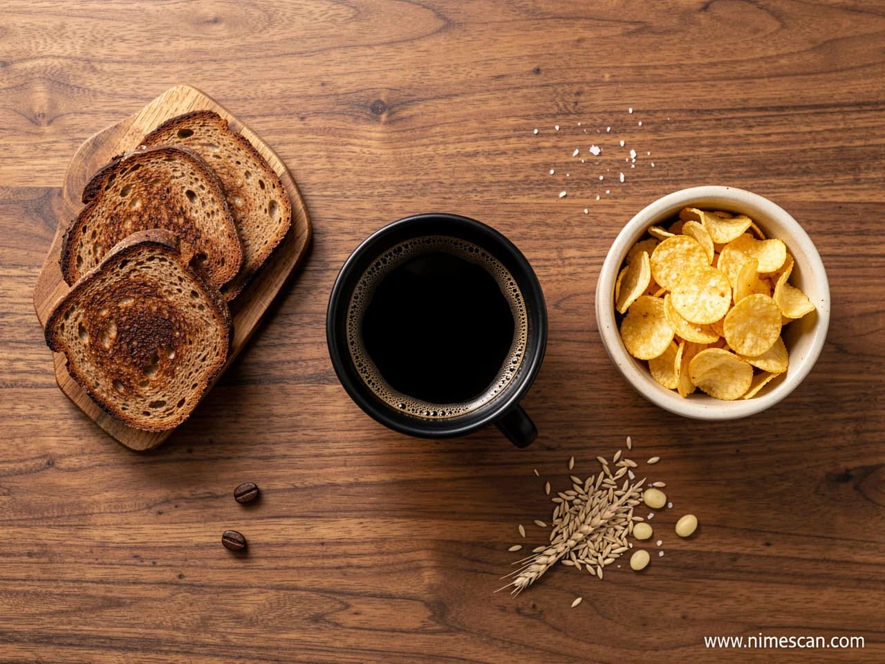 Ein redaktioneller Flatlay von oben mit den drei wichtigsten Acrylamid-Quellen — eine Tasse dunkel gerösteter Kaffee, ein Teller dunkel getoastetes Brot und eine Schale Kartoffelchips — auf warmem Holzoberfläche, als Illustration der Alltagsprodukte im Zentrum des EU-Vorschlags für verbindliche Acrylamid-Grenzwerte Ende 2026