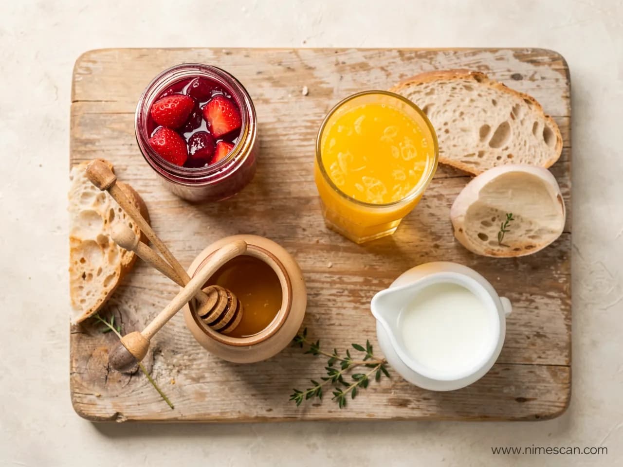 Eine Aufsicht auf ein kontinentaleuropäisches Frühstück auf einem Holzbrett — ein Glas Konfitüre mit Fruchtstücken, ein Honiglöffel, ein Glas Orangensaft und ein Milchkännchen — als Illustration der vier Produktkategorien, die durch die EU-Frühstücksrichtlinie 2024/1438 ab dem 14. Juni 2026 geregelt werden