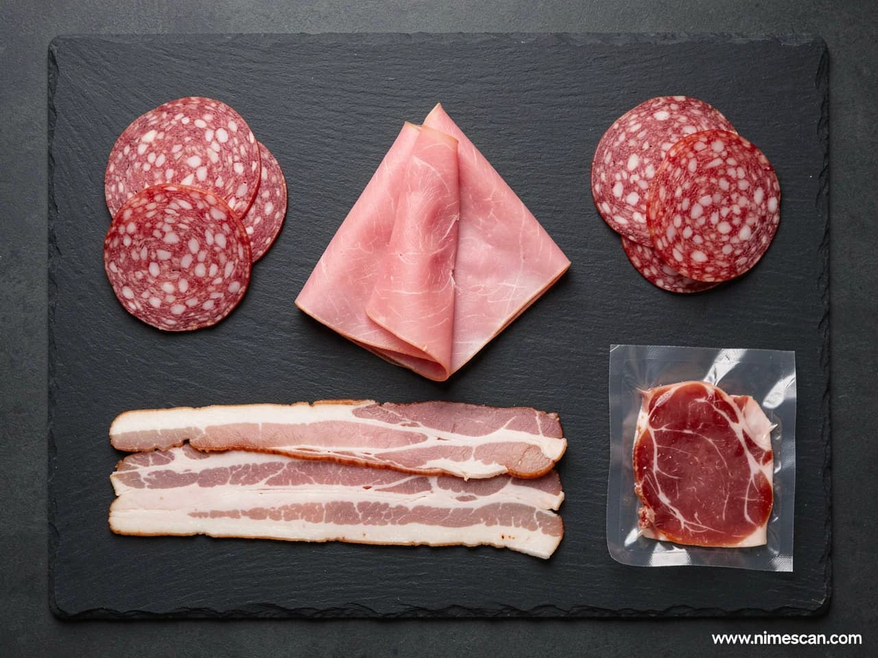 Ein redaktioneller Flatlay von oben mit gängigen gepökelten und verarbeiteten Fleischprodukten — Speckstreifen, Salamischeiben, Kochschinken und gepökelte Fleischscheiben — angeordnet auf einer matten Schieferplatte, als Illustration der Kategorien, die von der Durchführungsverordnung (EU) 2023/2108 mit ab Oktober 2025 gesenkten Nitritwerten betroffen sind
