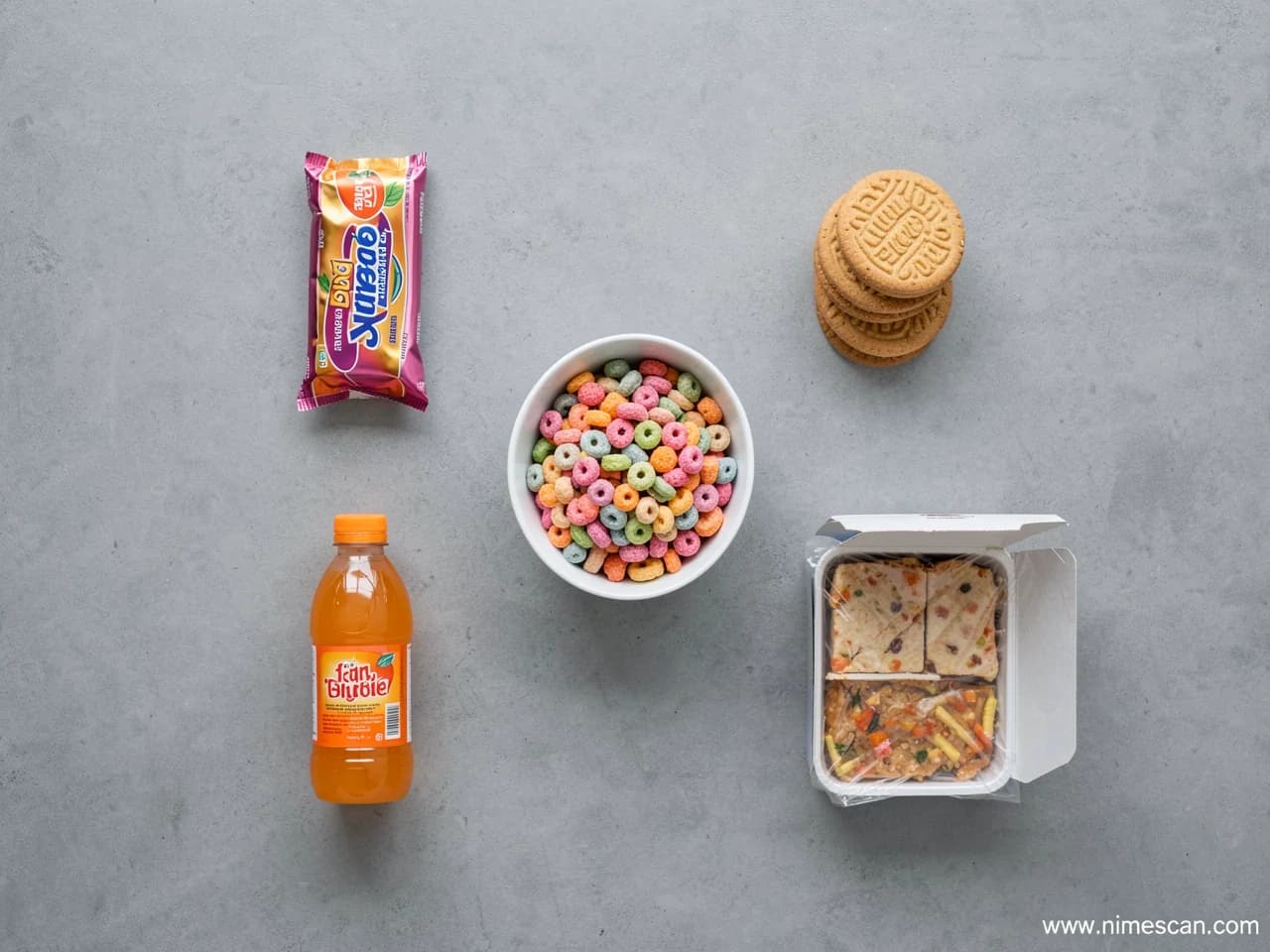 Ein redaktioneller Flatlay von oben mit gängigen ultraverarbeiteten Produkten — eine Schale gezuckerter Frühstücksflocken, ein verpackter Snackriegel, Kekse, eine Erfrischungsgetränkeflasche und eine Fertiggerichtsverpackung — auf neutralem Untergrund, als Illustration der Kategorien im Zentrum des Berichts des European Heart Journal vom Mai 2026 zu ultraverarbeiteten Lebensmitteln